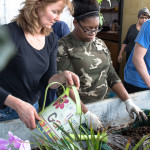 Culinary arts students add water to the soil mix