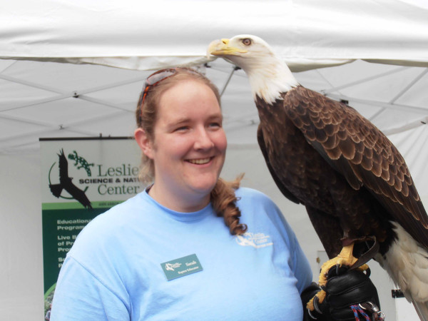 Sarah Gilmore of the Leslie Science and Nature Center presents a bald eagle