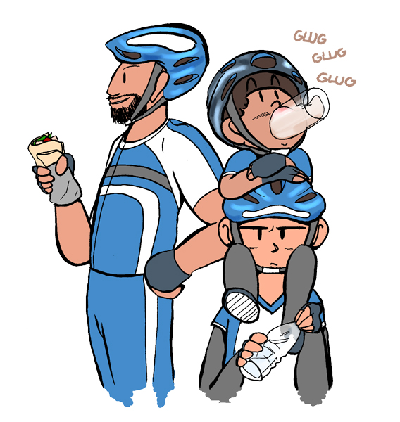 Bicyclists eating and drinking