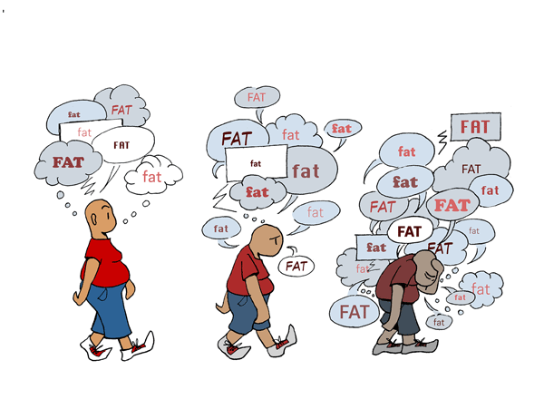 illustrated walking person with "fat" thought bubbles