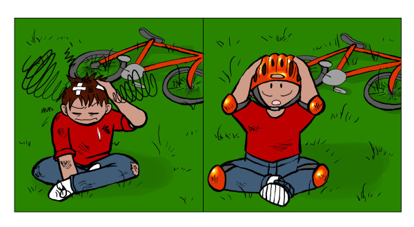 2 people who fll of their bikes one with a head injury and one with a helmet on