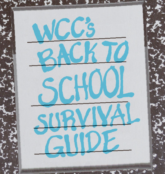 Note book with WCC's back to school survival guide on the front