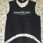 T-shirt with neck and sleeves removed and hemline trimmed