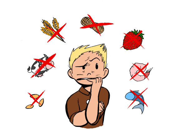 Person surrounded by foods that have been crossed out.