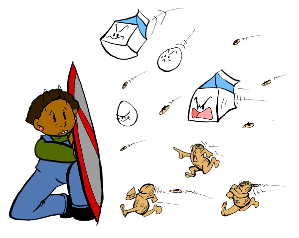 Person with shield against attack of milk, peanuts, eggs and soy