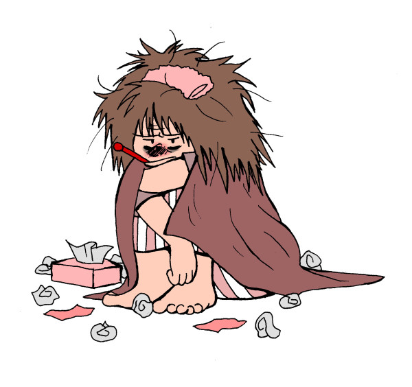 sick person surrounded by used tissues