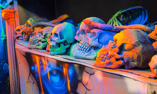 A shelf of skulls and other creepy props