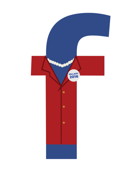 facebook icon wearing dress, pearls and 'Hillary' 2016 pin