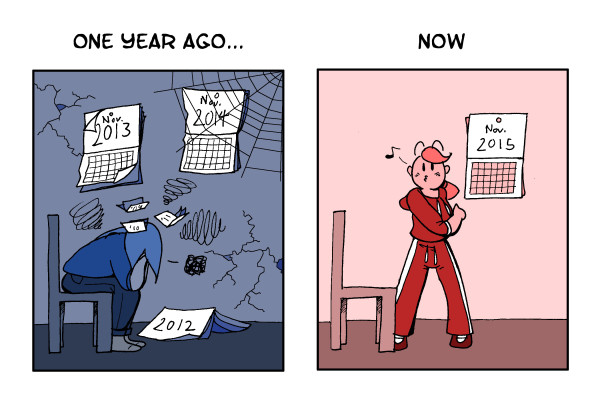 comic shows a depressed then energetic lady a year apart