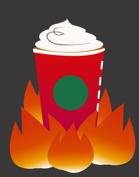 red coffee cups surrounded by flames