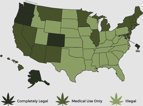 infographic map of USA showing marijuana legal status for each state