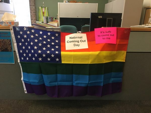 The Writing Center displayed a Gay Pride flag in honor of National Coming Out Day. Lilly Kujawski | Washtenaw Voice