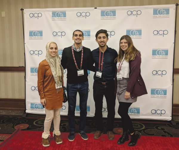 From left to right: Graphic Designer Asia Rahman, Editor Preetam Shokar, Graphic Designer Vardan Sargsyan, and Deputy Editor Lilly Kujawski. Vardan Sargsyan | Washtenaw Voice