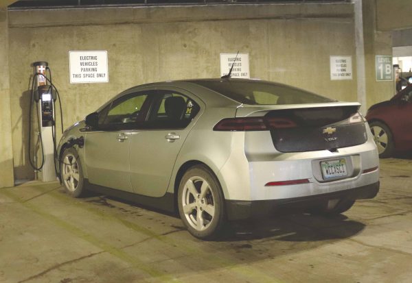 Electric car chargers inside parking structure support cleaner energy. Josh Mehay | Washtenaw Voice