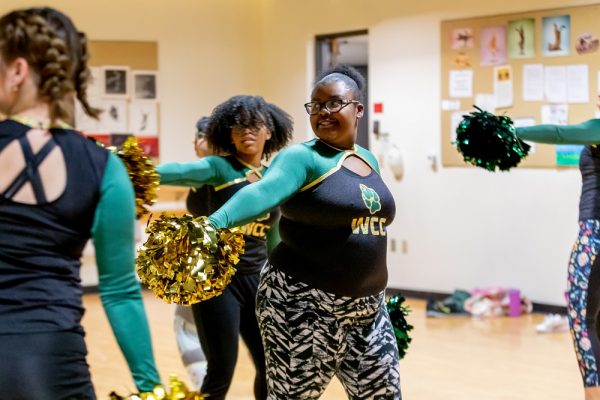 Quanisha Thomas-Gray of the WCC women’s competitive dance team practices with peers in room ML 158, WCC’s Dance studio. Jennifer F. Sansbury | Contributor