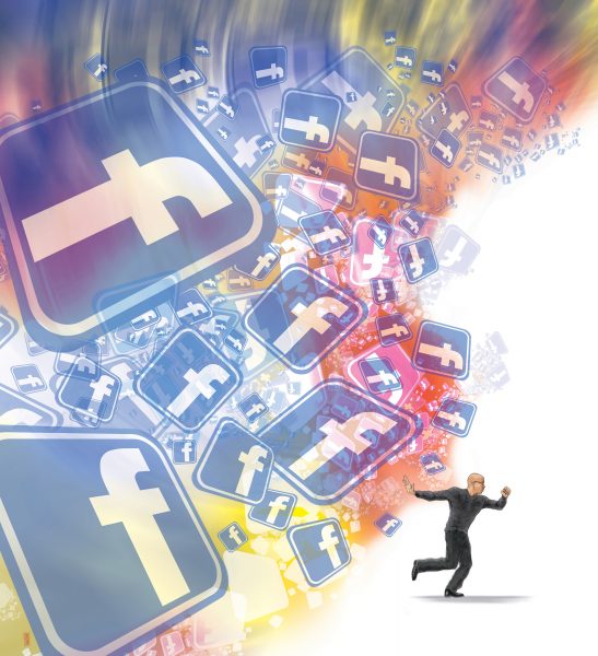 Chuck Todd color illustration of a man trying his best to run away from a whirlwind of Facebook logos. (Bay Area News Group/TNS)