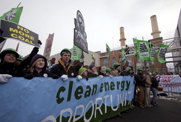 Demonstrators march for clean energy protesting at a rally on Capitol Hill and at a coal power plant in Washington, DC, on Monday, March 2, 2009. (Chuck Kennedy/MCT)