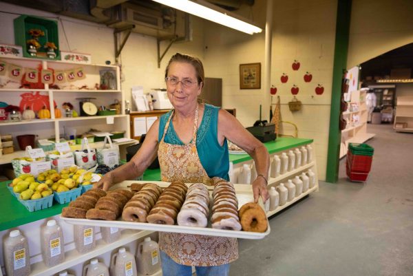 Jan Upston, owner of Wasem Fruit Farm, proudly displays donuts that are made fresh daily. Lily Merritt | Washtenaw Voice