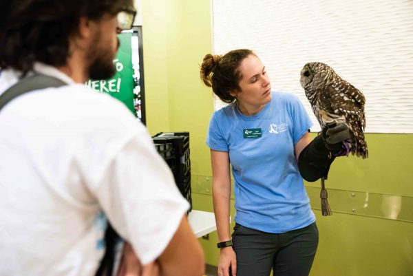 Lisa Usselman, Program Coordinator at Leslie Science and Nature Center, shares fun facts and stories about owls. Lily Merritt | Washtenaw Voice