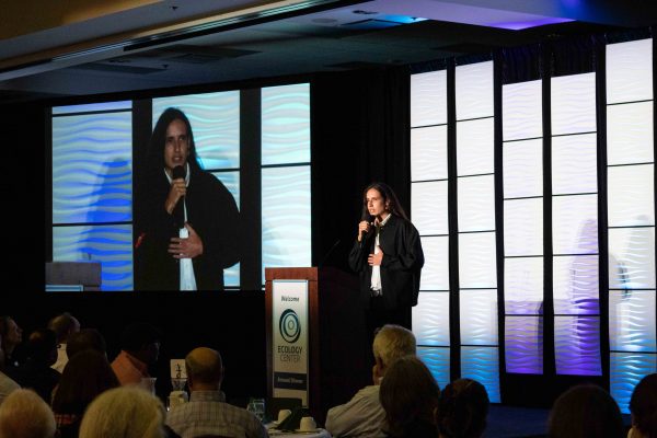 Xiuhtezcatl Martinez, a 19-year-old climate and environmental activist, speaks at this year’s Ecology Center annual dinner. Lilly Kujawski | Washtenaw Voice