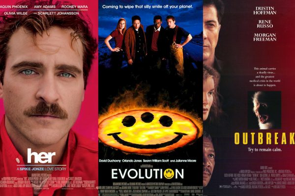 Movie posters for "Her", Evolution", and "Outbreak". Courtesy of IMDB