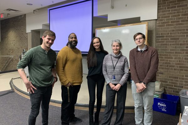 From left, David Seaman, president of the WCC Collegiate Recovery Program, Caleb Boswell, a student advisor and co-facilitator of the program, Taylor Turla, a WCC student in the program, Teresa Herzog, program coordinator, and Jeremy Walter, a student in the program. Lilly Kujawski | Washtenaw Voice