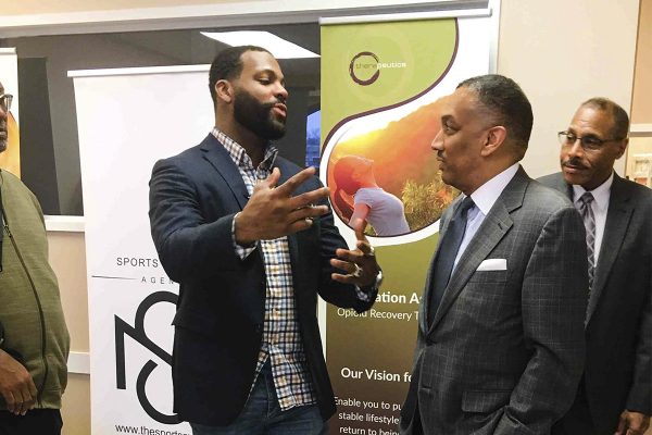 Braylon Edwards, left, is is currently promoting his new book. He is open about his struggles with substance abuse. Kristy King | Washtenaw Voice