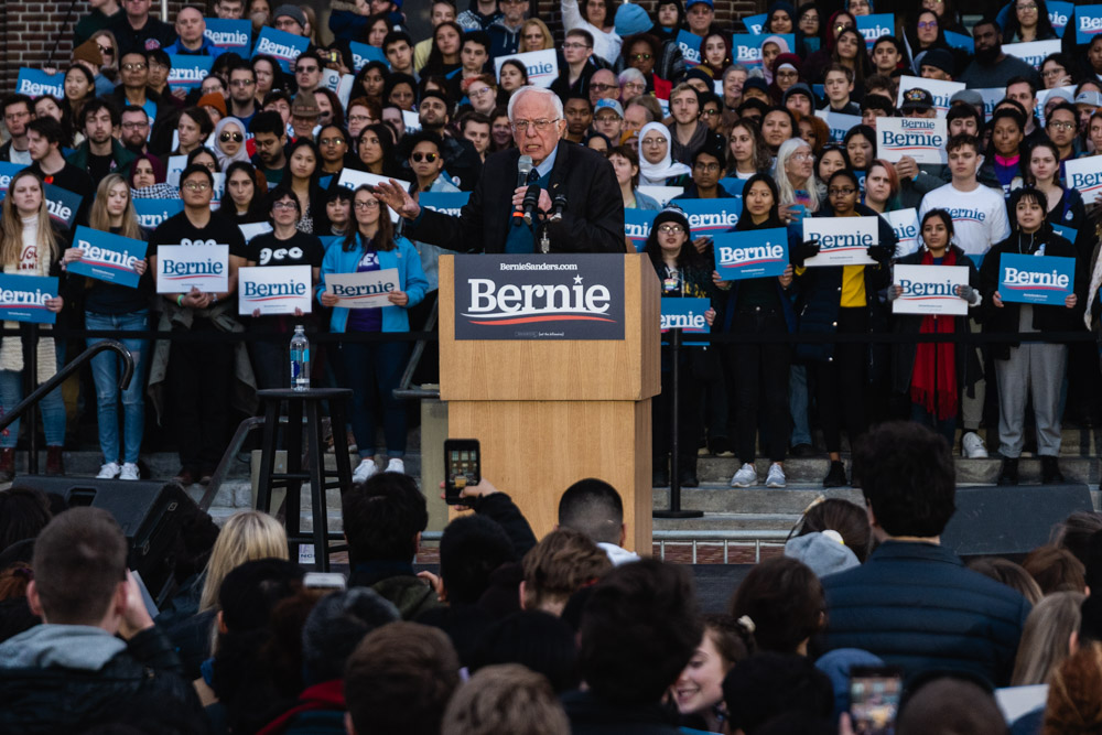 Democratic presidential candidate Bernie Sanders urges Michigan voters to the polls for the March 10 presidential primary during Sunday rally at the University of Michigan Diag.