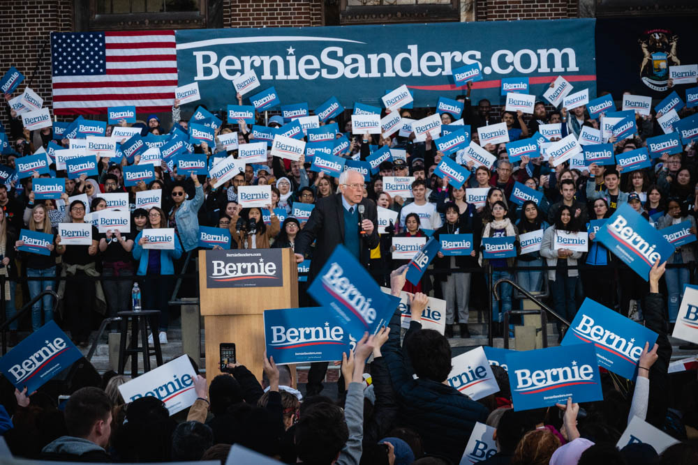 Democratic presidential candidate Bernie Sanders addresses thousands at March 8 rally held in the Diag on the University of Michigan campus.