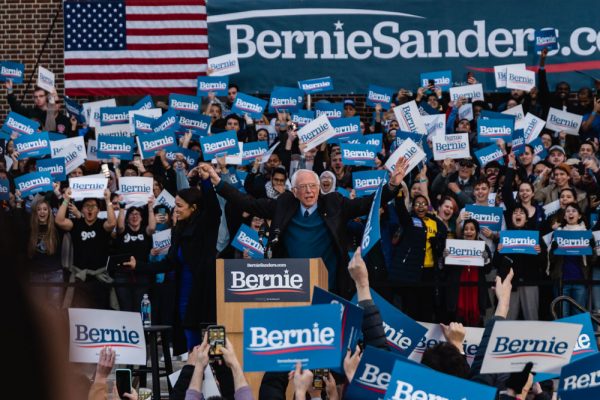 U.S. Rep. from New York Alexandria Ocasio-Cortez introduces Sen. and presidential candidate Bernie Sanders at March 8 rally in Ann Arbor.