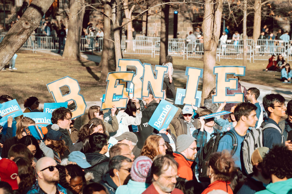 Supporters of Sen. and presidential candidate Bernie Sanders spell out his name in the crowd at a March 8 rally at the University of Michigan Diag.