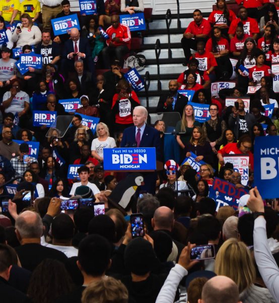 Presidential candidate Joe Biden addresses crowd at Monday night rally in Detroit.