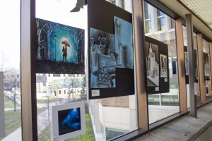 Student art on display in the bridge connecting the Student Center and Liberal Arts and Science building. Lilly Kujawski | Washtenaw Voice