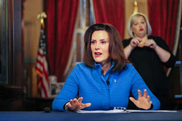 Gov. Gretchen Whitmer addresses the state with Covid-19 updates during a March 26 press conference. Courtesy of Michigan Executive Office of the Governor