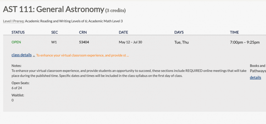 This summer, classes will be held entirely online at WCC due to COVID-19. Many classes, such as this general astronomy course, offer a "virtual classroom" option, which include live video lectures at specific scheduled times.