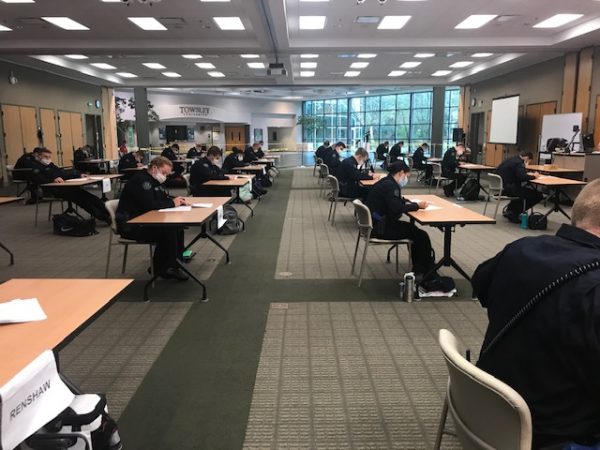 Students attend a social-distanced lecture. Courtesy of Joyce Nelson VanMeter.