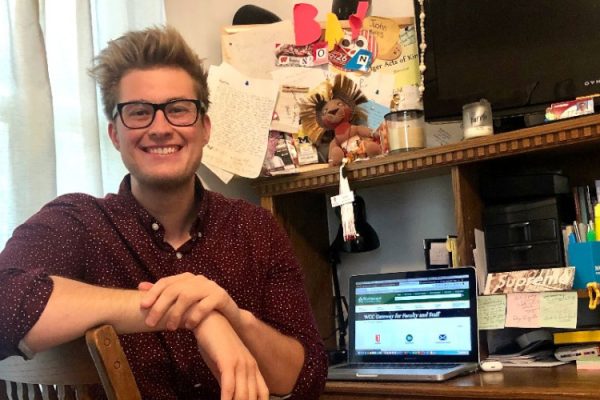 Justin Balog, first year instructor at WCC, in his home office. Balog is teaching two sections of English 111 virtually this semester. Photo: Justin Balog