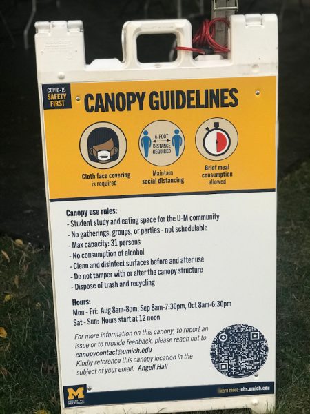 U of M details sanitary guidelines and occupancy restrictions at outdoor tents on campus. Xailia Claunch | Washtenaw Voice