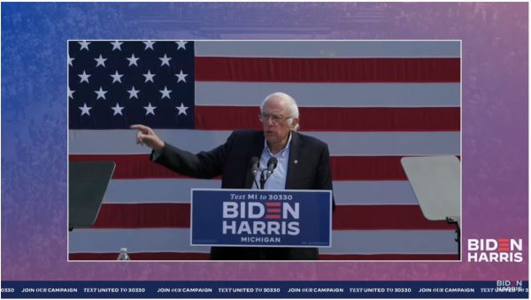 Bernie Sanders on the livestream of his rally for Joe Biden in Kerrytown, Ann Arbor, Oct. 5. Voice Photo