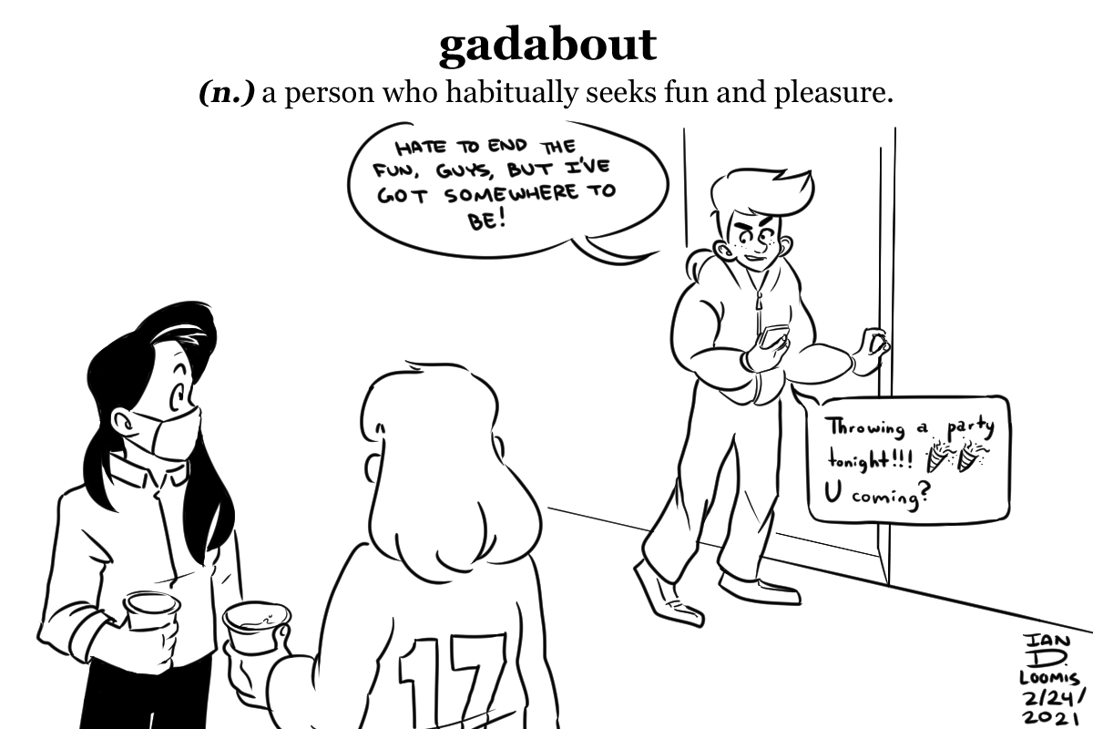 A man stands by the door, addressing two cup-holding party guests: "Hate to end the fun, guys, but I've got somewhere to be!" In his hand is his phone, which has a speech bubble: "Throwing a party tonight!!! (two "party" emojis) U coming?"