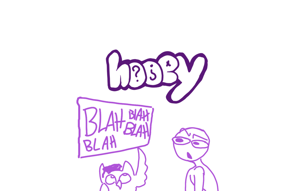 A cartoon owl holds up a sign saying "BLAH BLAH BLAH BLAH" while a cartoon onlooker struggles to read it.