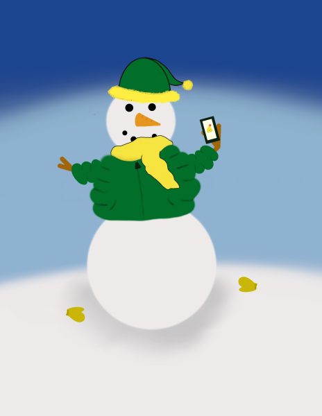 A graphic of a snowman against a blue background wearing a green sweater, hat, and yellow scarf. It's holding a smartphone.