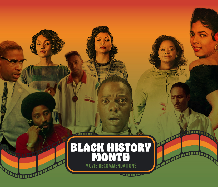 This graphic features the text "Black History Month Movie Recommendations" and is surrounded by characters from each movie.