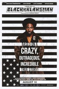 The poster for the film "Black KkKlansman" features a scowling man in front of a black-and-white American flag.