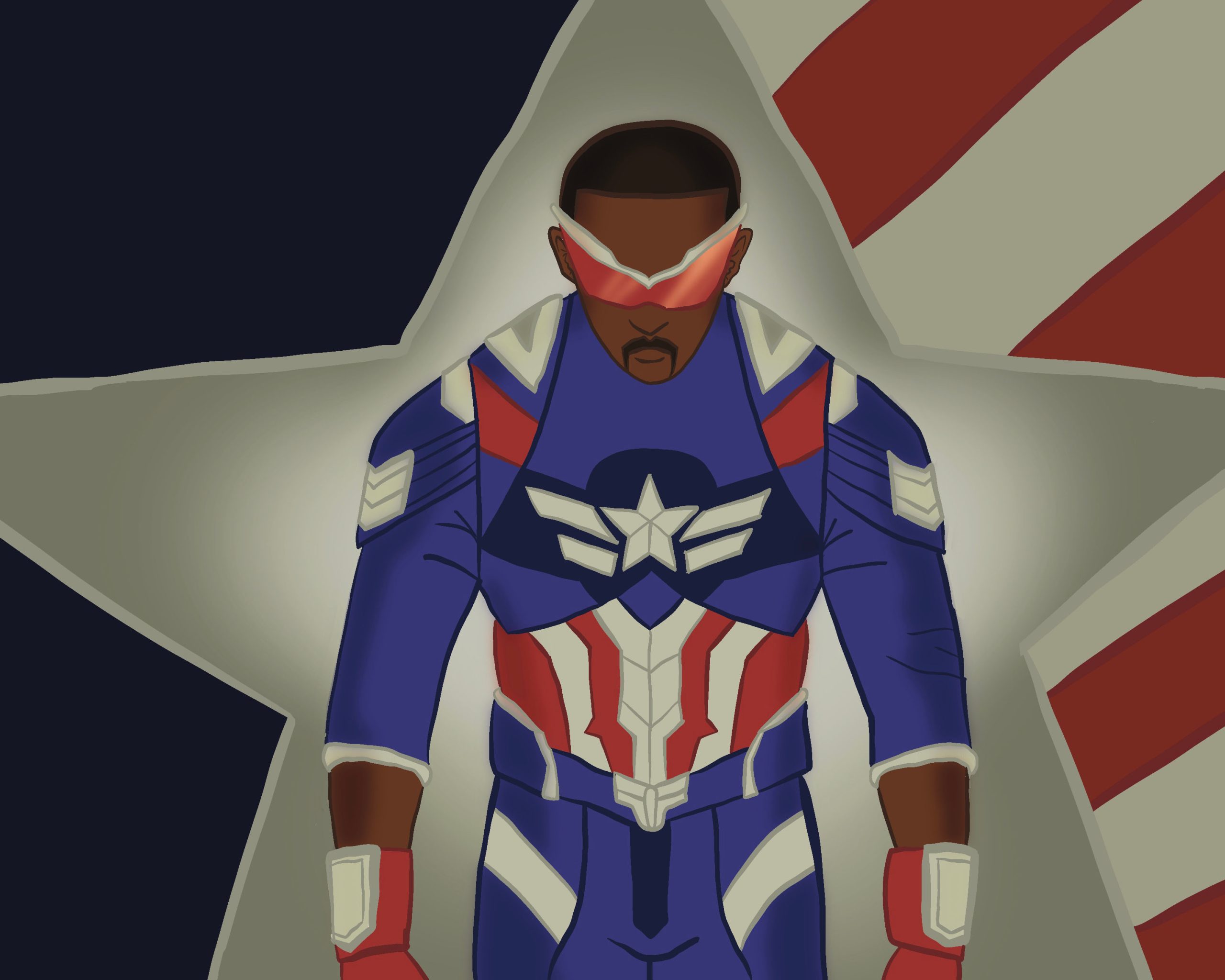 Graphic of Captain America in uniform looking downwards. He stands in front of a large silver star and red and white stripes.