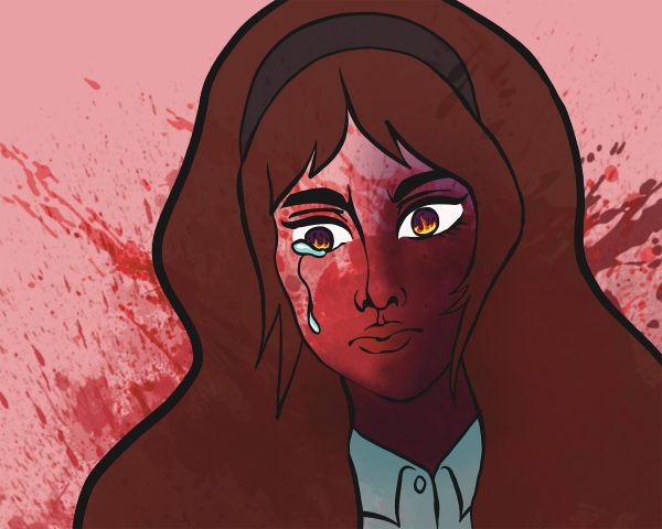 This graphic shows a crying brunette woman from the shoulders up. Her face is splattered with blood and fire is in her eyes.