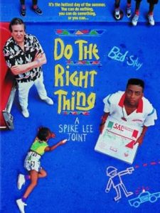 The poster for the film "Do the Right Thing" shows characters from a top-down view doing various activities on a blue floor.