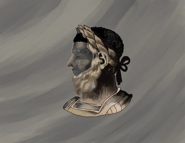 This graphic combines a traditional Roman marble bust with the profile of Macrinus.