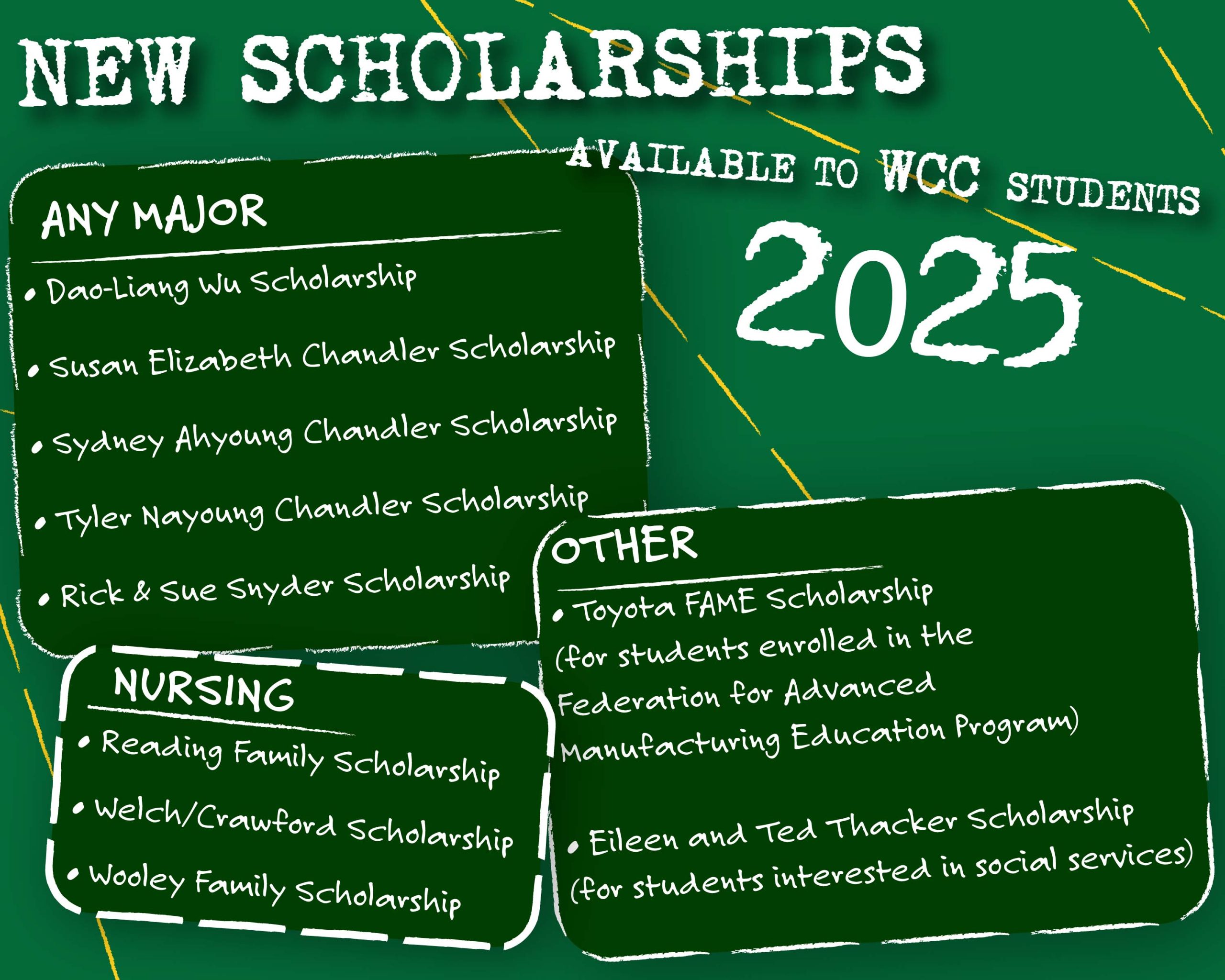 This infographic lists the new scholarships available to students. It is styled to look like a chalkboard.