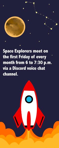 A rocket in space headed to the moon. The text says the club meets every first Friday at 7:30 PM in Discord voice chat.